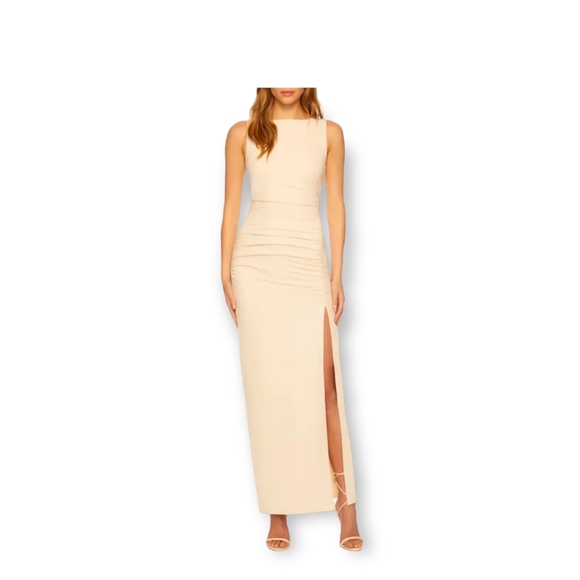 Susana Monaco Dresses & Skirts - Susana Monaco Sleeveless Ruched Beige gathered slit Maxi Dress